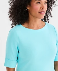 Style & Co Petite Cotton Elbow-Sleeve Boat-Neck Top, Exclusively at Macy's