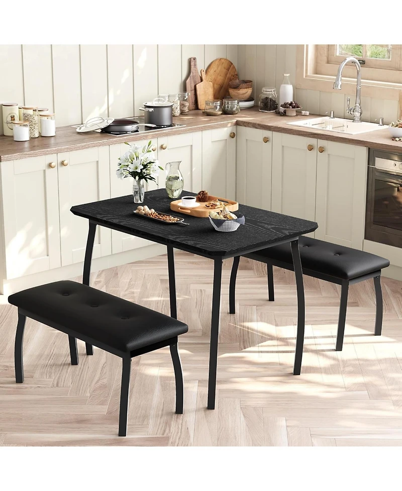 gaomon 3-Piece Wooden Dining Table Set with 2 Upholstered Benches