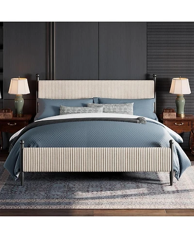 gaomon King Upholstered Bed Frame with Velvet Headboard, Corduroy Platform, Wood Slats.