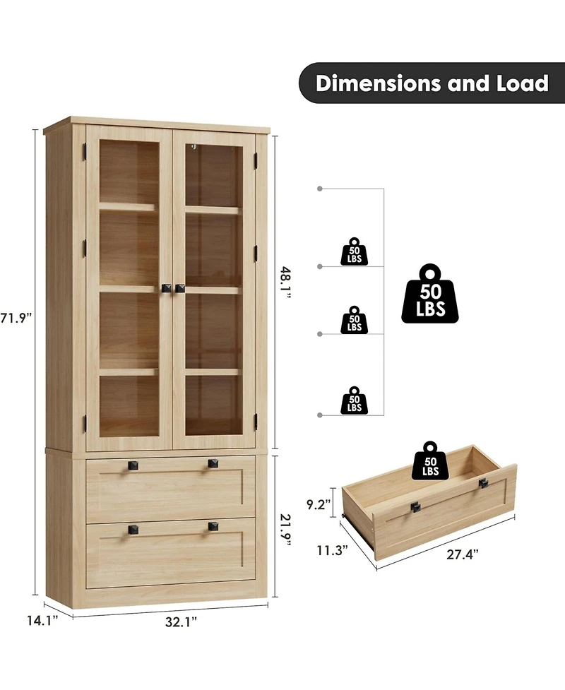 gaomon Tall Kitchen Pantry Cabinet - Modern Display Storage with 2 Large Drawers, Glass Doors, and Adjustable Shelves
