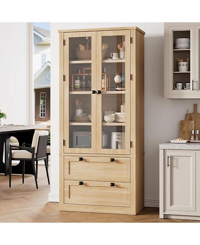 gaomon Tall Kitchen Pantry Cabinet - Modern Display Storage with 2 Large Drawers, Glass Doors, and Adjustable Shelves