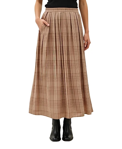 Modenaire Women's Plaid Pleated Maxi Skirt