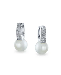 Bling Jewelry Pearl/Cubic Zirconia Mini Hoop Huggie Drop Earrings