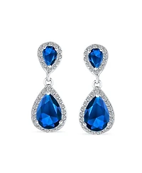 Bling Jewelry Classic Cocktail Halo Cubic Zirconia Cz Double Solitaire Teardrop Dangle Clip On Earrings