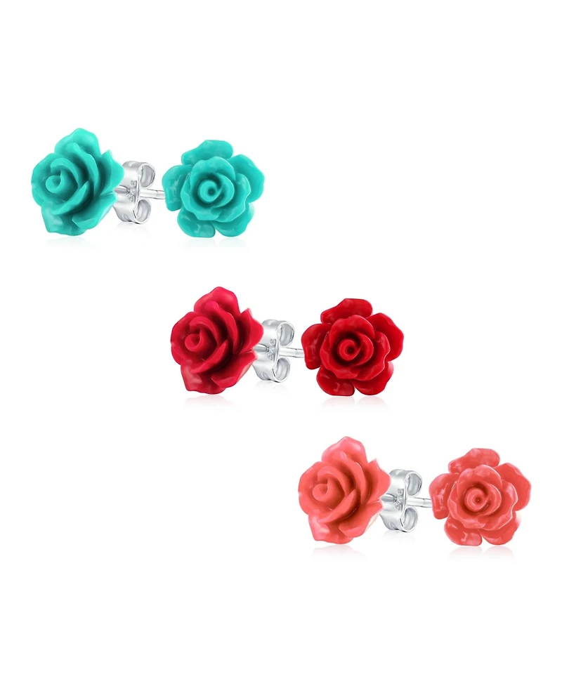 Bling Jewelry Romantic Set of 3 Floral 3D Carved , Rose Flower Stud Earrings 10MM