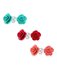 Bling Jewelry Romantic Set of 3 Floral 3D Carved , Rose Flower Stud Earrings 10MM