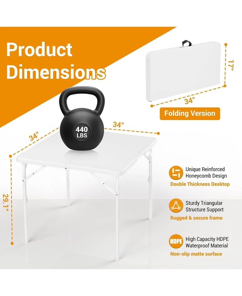 gaomon 34" Square Fold-in-Half Card Table, Portable Dining Table with Handle & Safety Lock, Indoor Outdoor Use