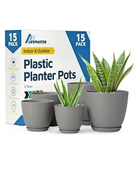 Lifemaster Gray Plant Pots 15-Pack with Drainage Holes & Saucers, Stackable Indoor & Outdoor Planters for Houseplants & Flowers.