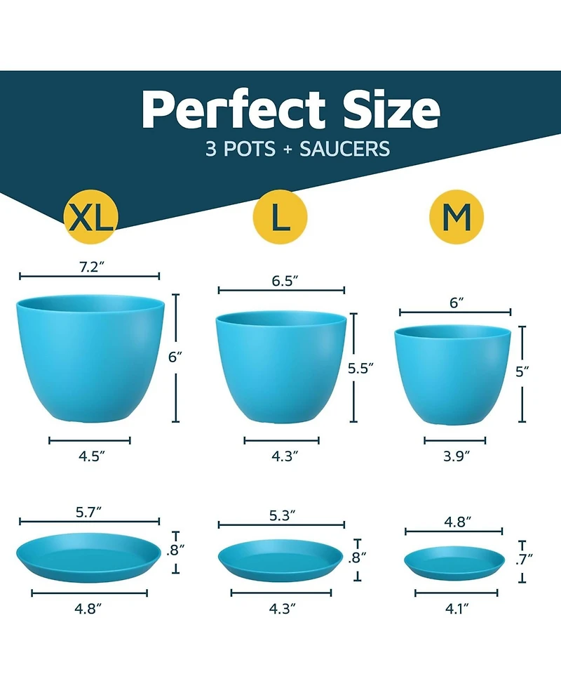 Lifemaster Blue Plant Pots 3 Pack with Drainage Holes & Saucers, Stackable Indoor & Outdoor Planters for Houseplants & Flowers, Durable & Weatherproof