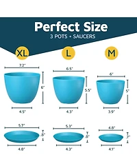 Lifemaster Blue Plant Pots 3 Pack with Drainage Holes & Saucers, Stackable Indoor & Outdoor Planters for Houseplants & Flowers, Durable & Weatherproof