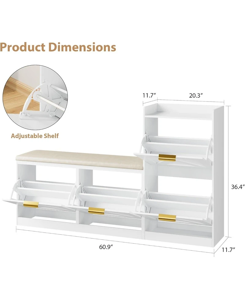 gaomon Farmhouse Freestanding Shoe Cabinet with Cushioned Bench and 4 Flip Drawers