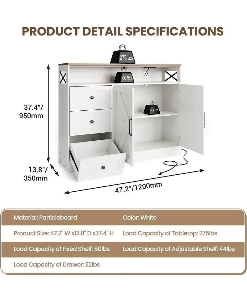 gaomon 47.2 in Buffet Cabinet with Storage, Modern Farmhouse Sideboard Storage Cabinet with Power Outlet