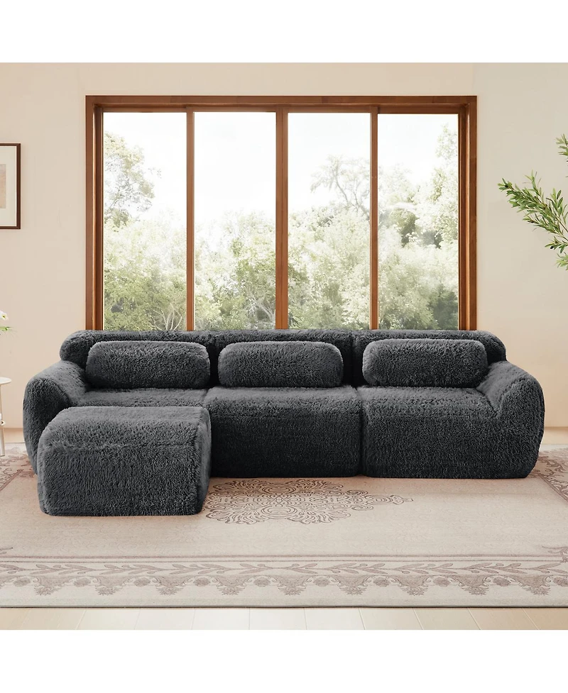 Streamdale Furniture L-shaped Dark Gray Plush Sofa with Ottoman, High-Density Sponge, No Assembly