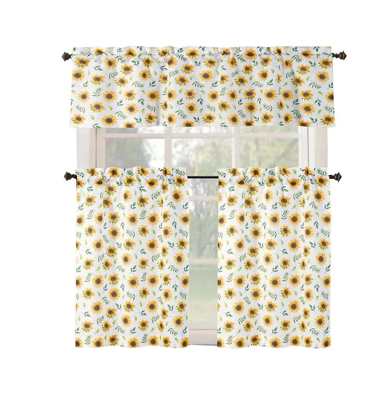Rt Designer's Collection Tribeca Sunflower Printed Slub 3 Pieces Kitchen Curtain Set With 1 Valance