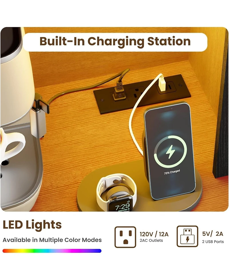 gaomon 66" Tall Kitchen Pantry Cabinet, Modern Hutch with Charging Station, Large Coffee Bar Storage Cabinet Glass Doors and Drawers