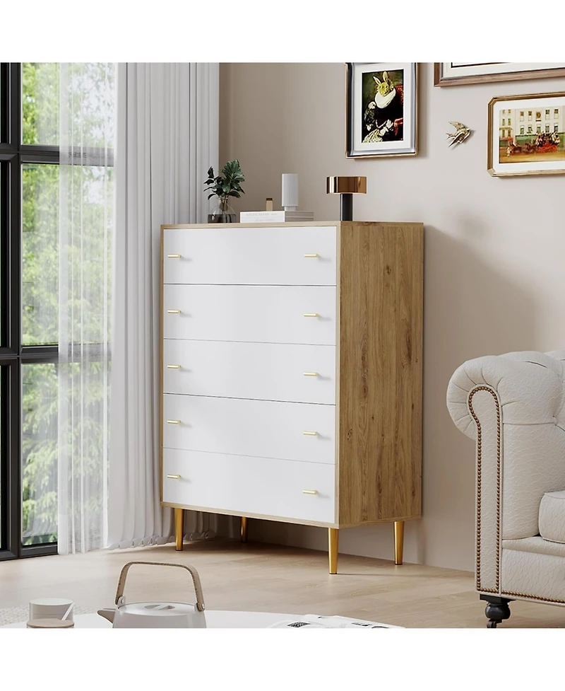 gaomon 44" Farmhouse Wood 5 Drawer Dresser with Bar Handles