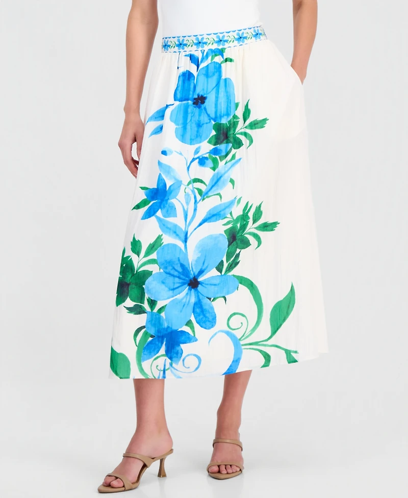 T Tahari Women's Placed-Floral Pull-On Midi Skirt