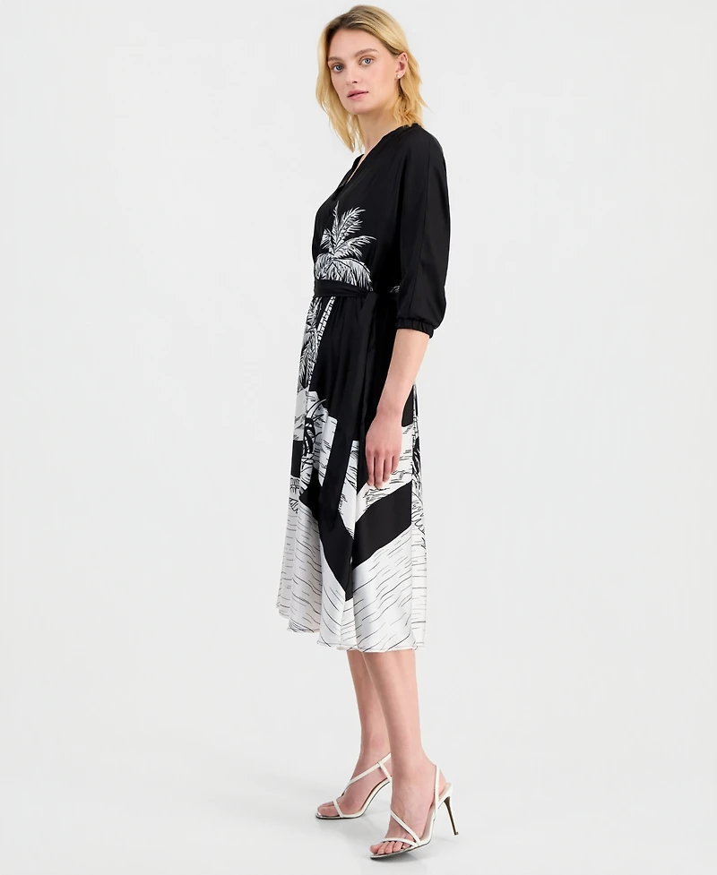 T Tahari Women's Elbow-Sleeve Split-Neck Midi Dress