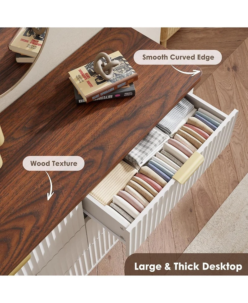 gaomon White Modern Fluted Drawer Dresser, Curved Profile with Gold Handles for Bedroom