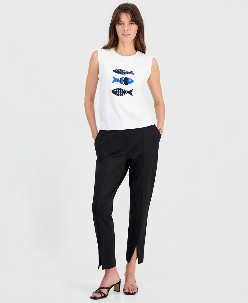 T Tahari Women's Fish-Embroidery Sleeveless Crewneck Top