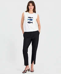 T Tahari Women's Fish-Embroidery Sleeveless Crewneck Top