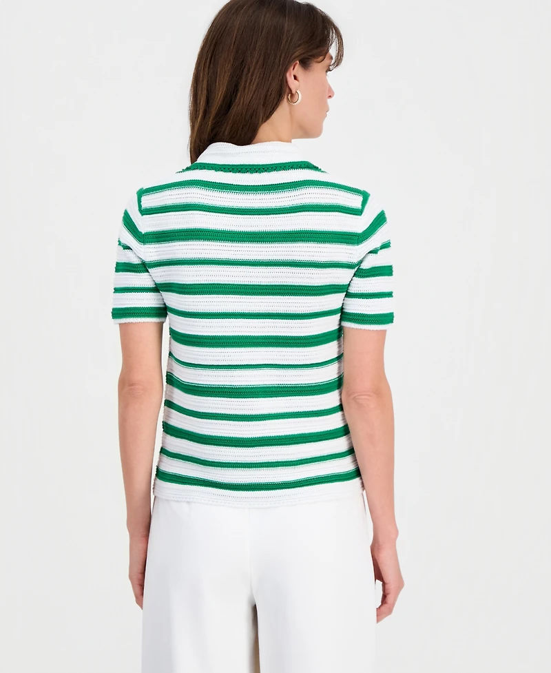 T Tahari Women's Striped Split-Neck Collared Top