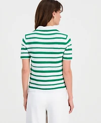 T Tahari Women's Striped Split-Neck Collared Top