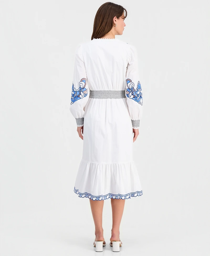 T Tahari Women's Cotton Embroidered-Trim Tiered Dress