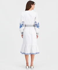 T Tahari Women's Cotton Embroidered-Trim Tiered Dress
