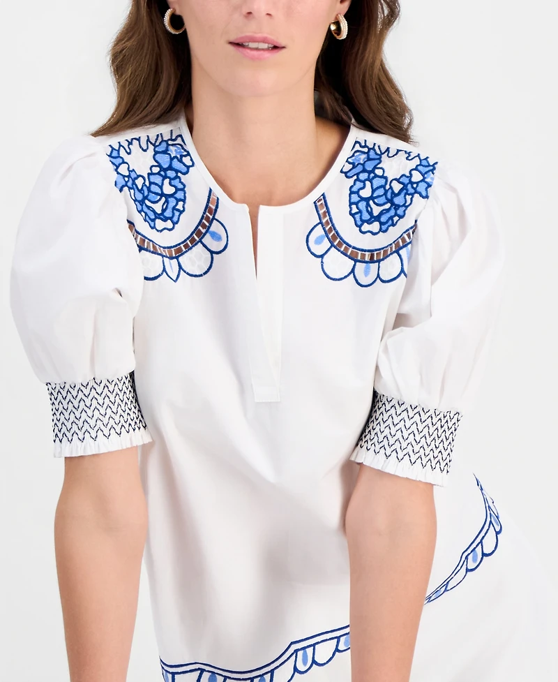 T Tahari Women's Cotton Embroidered-Trim Split-Neck Top