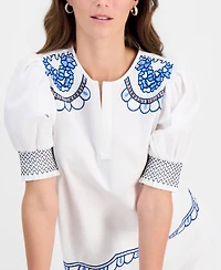 T Tahari Women's Cotton Embroidered-Trim Split-Neck Top