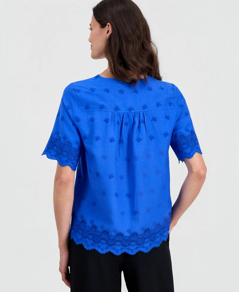 T Tahari Women's Embroidered Eyelet-Hem Top