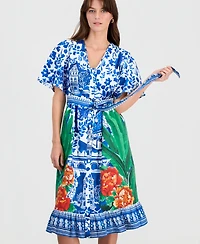 T Tahari Women's Printed Elbow-Sleeve V-Neck Midi Dress