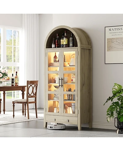 gaomon Tall Arched Kitchen Pantry Cabinet, Modern Farmhouse Kitchen Storage Cabinets with Led Lights, Arched Cabinet with Open & Adjustable Shelves