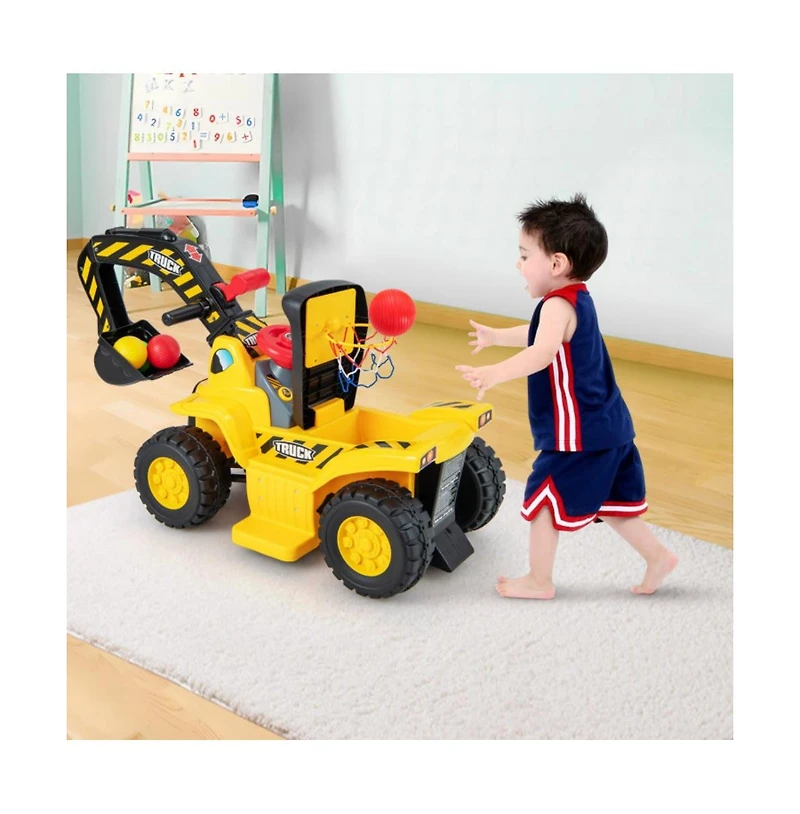 Hongge 6V Kids Ride On Excavator Fun Digger with Folding Basketball Hoop