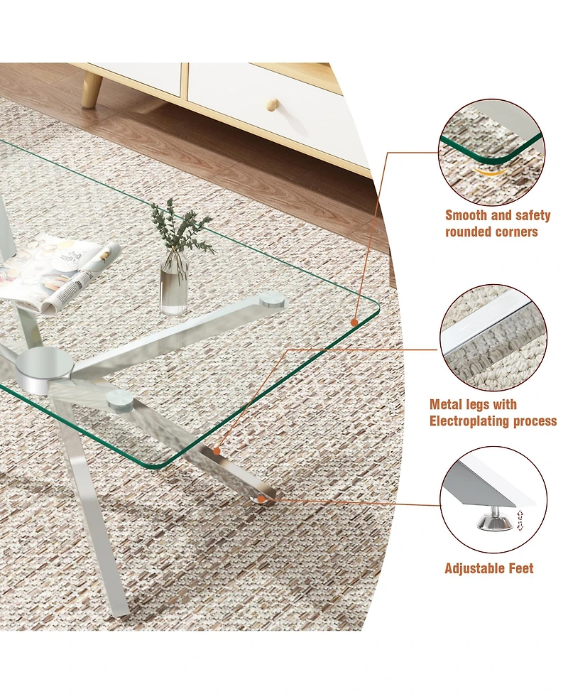 Rainsken Rectangular Clear Tempered Glass Coffee Table with Adjustable Feet and Metal Legs for Living Room (Silver + Clear Glass)