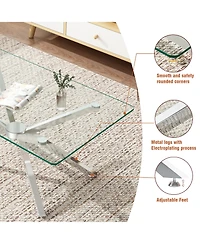 Rainsken Rectangular Clear Tempered Glass Coffee Table with Adjustable Feet and Metal Legs for Living Room (Silver + Clear Glass)