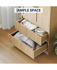 gaomon Armoire Wardrobe Closet with 2 Glass Doors and 2 Fluted Drawers, Wooden Wardrobe Storage Cabinet Closet with Hanging Rod and Shelves