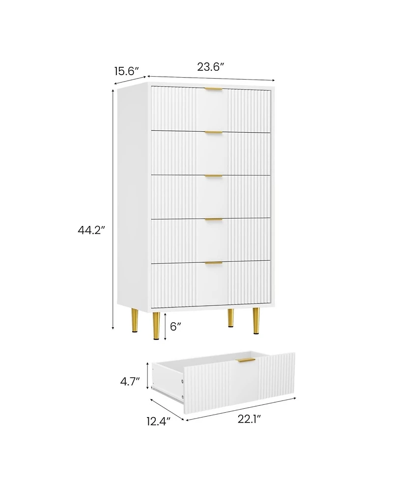 gaomon Fluted 5-Drawer Dresser, Modern Wooden Chest with Metal Handles, Space-Saving Clothes Storage for Bedroom, Living Room, Hallway