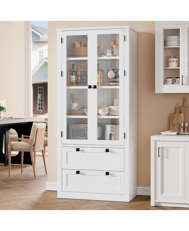 gaomon Tall Kitchen Pantry Cabinet - Modern Display Storage with 2 Large Drawers, Glass Doors, and Adjustable Shelves