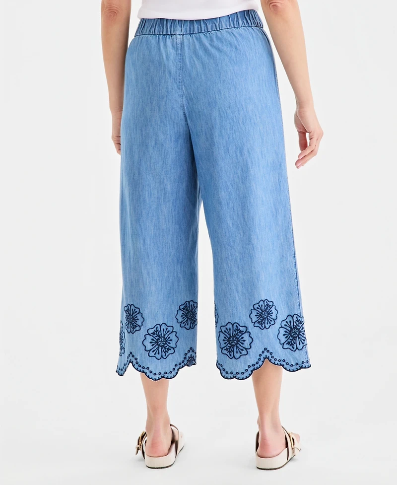 Style & Co Petite Chambray Scalloped Eyelet Hem Wide-Leg Capri Pants