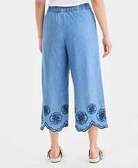 Style & Co Petite Chambray Scalloped Eyelet Hem Wide-Leg Capri Pants