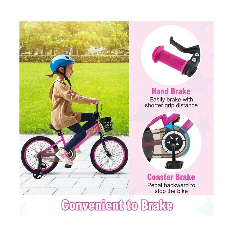 18 Inch Kids Training Bike with Adjustable Height Dual Brakes Basket and Training Wheels
