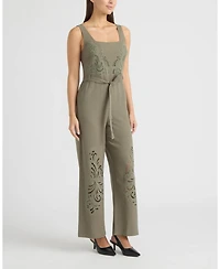 Ellen Tracy Women's Linen Jumpsuit with Embroidery Detailing