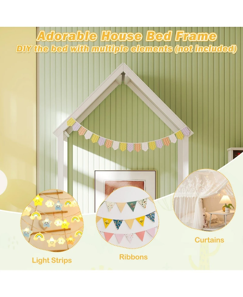 Sugift Twin Size House Bed with House Shape Roof and Semi-Fence