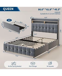 gaomon Bed Frame with 2 Storage Drawers, Upholstered Full Led Light, Double-Layer Bedside Headboard Charging Socket