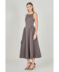 endless rose Women's Square Neck Polka Dot Gathered Waist Midi Dress