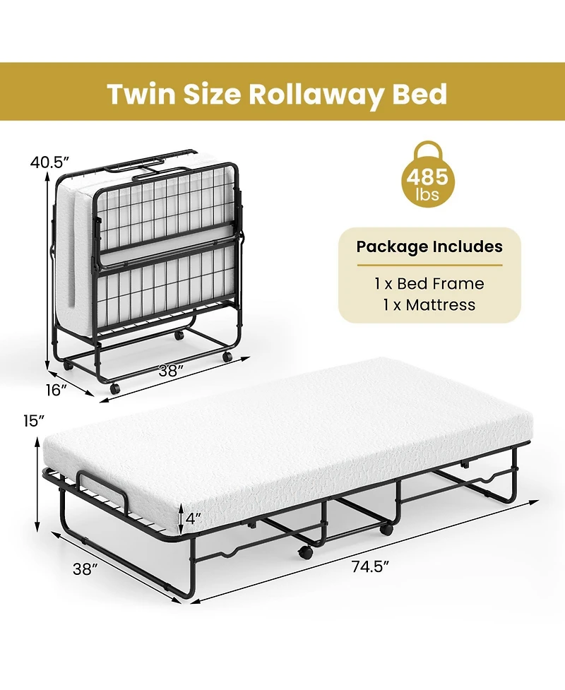 Sugift Twin Size Folding Bed with Memory Foam Mattress and Heavy-duty Metal Frame
