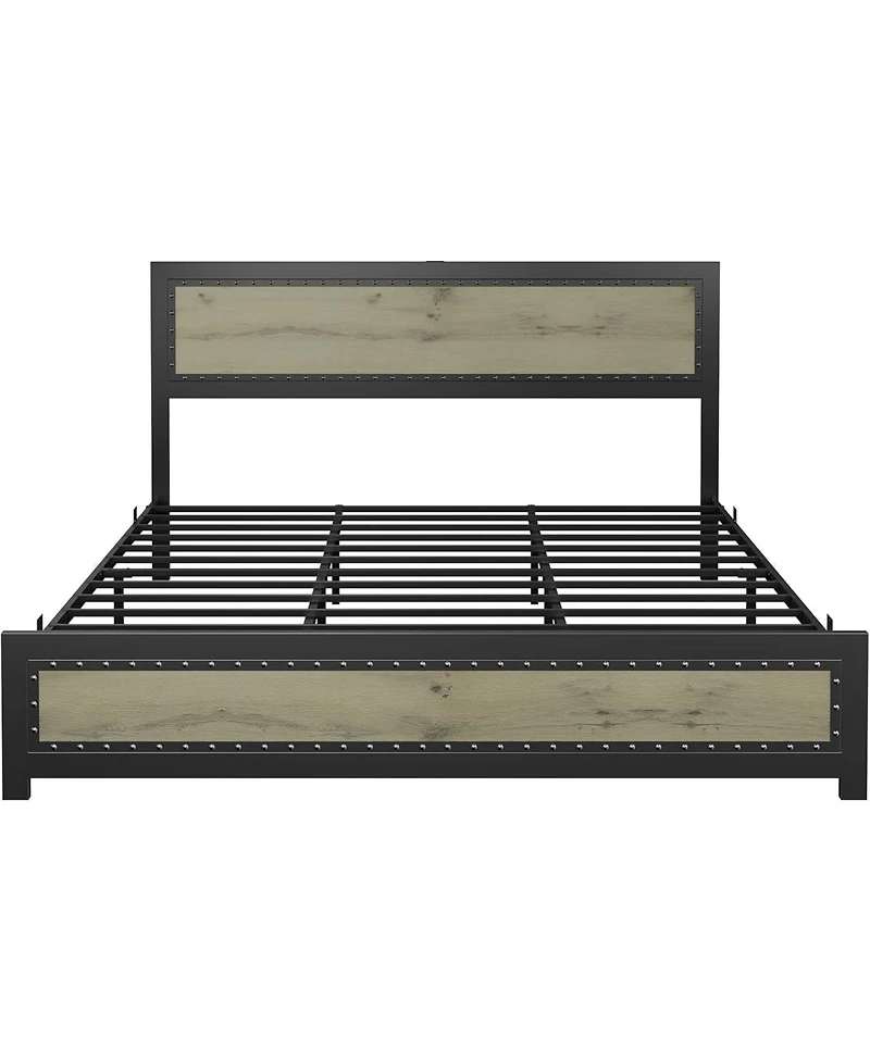 gaomon Size Industrial Bed Frame - Charge Station (Usb/Type-c), Wood Headboard/Footboard, No Box Spring Needed