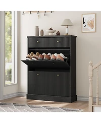 gaomon Fluted Shoe Cabinet with 2 Flip Drawers and 1 Top Drawer Narrow Wooden Cabinet with Adjustable Shelves Freestanding Shoe Organizer